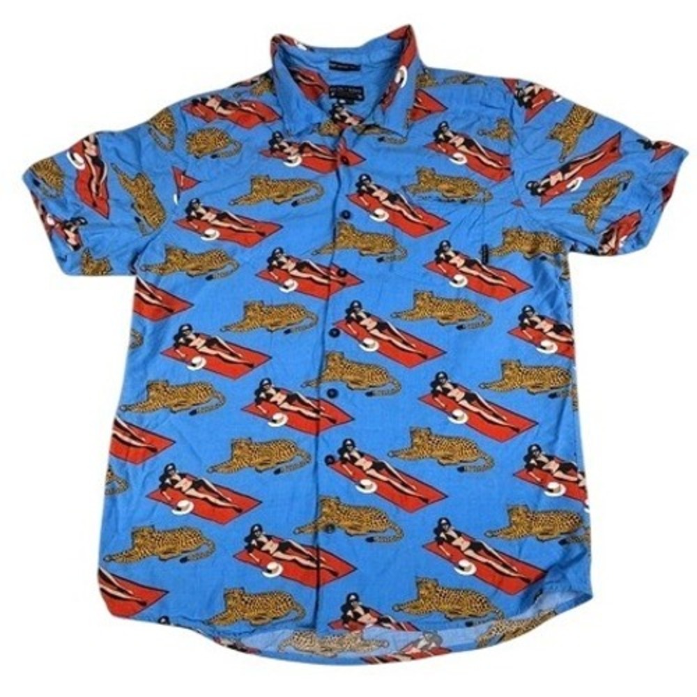 Baja Llama Shirt Mens XXL Blue Sunbathing Leopard Short Sleeve Viscose Button Up